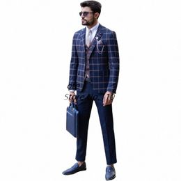 2022 New Fi Men Plaid Dr Suit Slim Fit 3-Piece Blazer Formal Busin Jacket Vest Pants Costume Homme R4zH#
