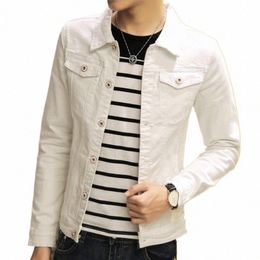 2023 Men's Stretch Casual Denim Jacket Youth Slim White Denim Jacket o48t#