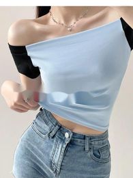 Women's T Shirts Summer TVVOVVIN Contrast One Line Neck Off Shoulder Short Sleeve T-shirt Sexy Tight And Slim Cropped Top 5KXW