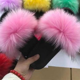 Slippers Slippers Fasion ome Outdoor Womens Fur Slide Soes Plus Fox Air Fluffy Sandals Winter Warmth H240326V4JQ