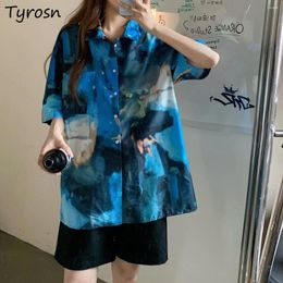 Women's Blouses Tie Dye Shirts Women Design Streetwear Short Sleeve Graphic Tops Leisure Harajuku Single Breasted Turn-down Collar Baggy