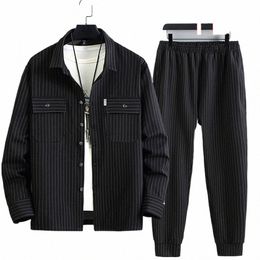 men's Stripe Sets Plus Size 10XL 11XL Cargo Shirts Pants Male Autumn Winter Thick Suits Fi Casual Jacket Sets Big Size 10XL k9yp#