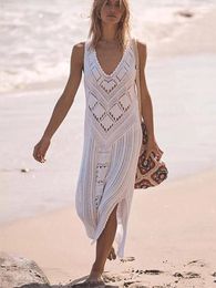 Casual Dresses Sexy Sleeveless Bikini Cover-ups White Dress Women Crochet Tunic Knitted Summer Beach SwimSuit Cover Ups Maxi