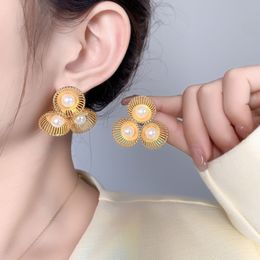 Designer Earrings For Women Girl 18K Gold Plated Pearl Exaggerated Flower Studs For Party Jewelry Wedding Gift