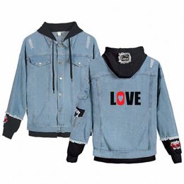 fi Print Love Denim Jacket Sport Hip Hop Style Men Women Lg Sleeve Fake Two Pieces Jean-Jackets Hoodie Streetwear Clothes b95s#