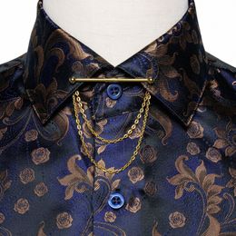 brown Floral Blue Shirts For Men Luxury Silk Men's Busin Dr Shirt Lg Sleeve Slim Fit Casual Men Clothing Collar Pin P4YI#