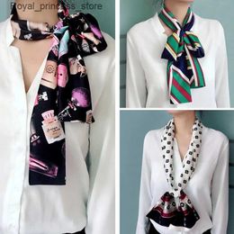 Scarves Fashionable Mini Long Silk Womens Satin Scarf 145X15CM Double sided Printed Womens Lcarves Hair Scarf Girl Belt Tight Scarf Q240326