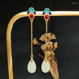 Dangle Earrings Exquisite Luxurious Court-shaped Earring For Women Retro Style Imitate Hetian Jade Enamel Porcelain Craft Hanfu Jewellery
