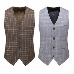 men's Wool Cheque Suit Vest Men's Retro Tweed Groom Vest Groomsman Wedding Vest M7an#
