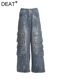 Women's Jeans High Waist Straight Multiple Pockets Coated Plated Silver Cargo Denim Pants 2024 Spring Fashion 29L7035