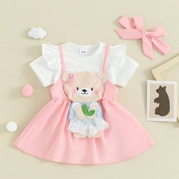 Clothing Sets Baby Girls Summer 3PCS Short Sleeve Romper Bear Embroidery Suspender Skirt Headband