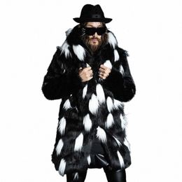 new winter fi men fox fur coat Faux fur slim fit leather jacket,Casual hooded splice lg overcoat secti Plus size S~4XL W8vB#