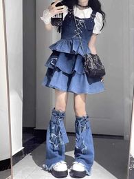 Y2k Skirt Blue Cute Denim Suspender Dress for Women Spring Autumn Summer Cake Puffy Short Two-piece Set