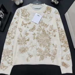 Women's slim fit knitted sweater 2024 spring/summer new round neck butterfly pattern gold thread embroidery fashion sweater