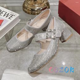 Dress Shoes Shiny Silver Crystal Buckle Strap Square Heel Mary Jane Leather Lining Toe Ballet Flat Summer Women's