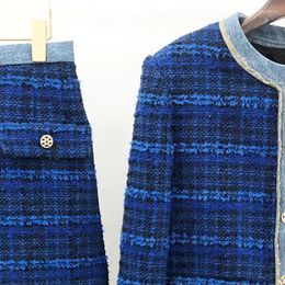 Work Dresses 2024 Commuter Suit Striped Tweed Splicing Denim Round Neck Long Sleeve Short Coat Skirt