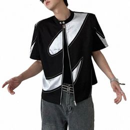 incerun Top 2023 Ctrasting Graphic Spalla Pad camicetta da uomo stile coreano casual ritagliata con cerniera camicie a maniche corte S-5XL r0yd #