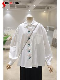 Women's Blouses Fresh Sweet Pearl Buckle Exquisite Shirt Flower Embroidery 2024 Spring Loose Slimming Cotton Long Sleeve Shirts