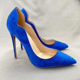 Dress Shoes Blue Suede Wave Women'S Pumps Party Night Club High Heels 12cm Pointed Toe Size 34-45 Narrow Women