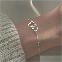 Charm Bracelets New Sier Colour Double Heart Bracelet Bangle For Women Fine Fashion Jewellery Party Gift 2022 Trend Z0426 Drop Delivery Otun7