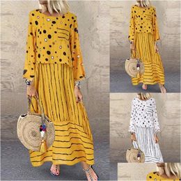 Basic & Casual Dresses Echoine Women Long Maxi Polka Dot Large Loose Fake Two-Piece Cotton Linen Dress Autumn Plus Size Sundress Fema Dhtac