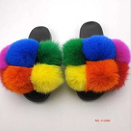 Slippers Slippers Fluffy Raccoon Fur Slide Soes Womens Fox Flip Flat Outdoor Sandals Amazing Drop Sip H240326GTXX
