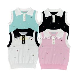 Colourful Crystal Knits Top Women Lapel Neck Knitwear Shiny Rhinestone Knitted Tees Designer Vest