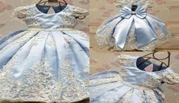 Cute Ice Blue Lace Flower Girls Dresses Jewel Neck Cap Sleeves Bow Knot Satin Girl039s Pageant Dresses Kids Prom Party Dress We6956902