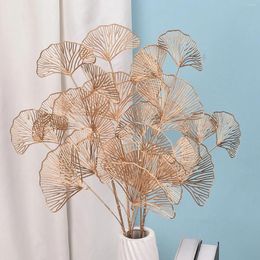 Decorative Flowers Reticulated 3 Fork Gold Leaf Ginkgo Artificial Flower Dried Prongs Plastic Mesh Fan Leaves
