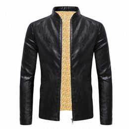 2023 Winter Fleece Leather Jacket Men PU Faux Warm Suede Fi Stand Collar Casual Solid Motorcycle Leather Jackets Coat Men O6za#
