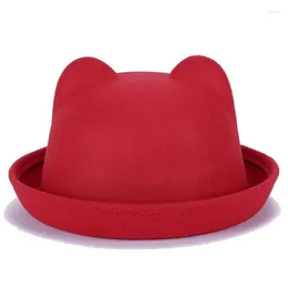 Wide Brim Hats Fashion Parent-child Bowler Hat Wool Felt Fedora For Women Girls Children Solid Cat Ear Formal Cap Trilby Sombrero Derby