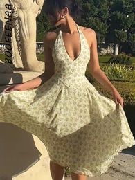 Casual Dresses BOOFEENAA Floral Print Deep V Backless Long Dress Vacation Outfits For Women Cottagecore Flowy Summer 2024 C15-EB40