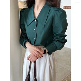 Women's Blouses 2024 Spring Tops Elegant Long Sleeved Pointed Neck Shirt Green White Blouse