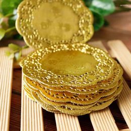 Table Mats 50Pcs/Set 3.5 Inch Hollow Floral Embossed Round Lace Paper Doilies Wedding Party DIY Tableware Metallic Gold Placemat