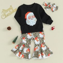 Clothing Sets Baby Girl Fall Outfits Santa Crew Neck Sweatshirts Leopard Flower Flare Pants Headband 3Pcs Christmas Clothes Set