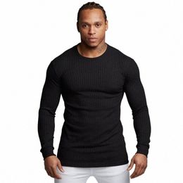 muscleguys Autumn Men's Sweater T-shirt Mens Lg Sleeve Solid Casual Stretch Slim Fit Fitn Clothing Brand Knitted Pullovers D9Ca#