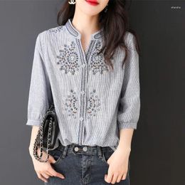 Women's Blouses Summer Women Clothing Cotton Striped Shirts Office Lady Fashion Loose Casual 3/4 Sleeve Embroidery Chic Versatile Basic