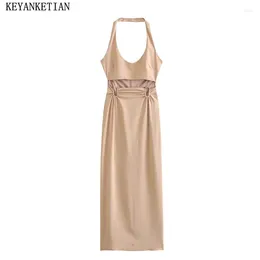 Casual Dresses KEYANKETIAN Summer Hollowed-Out Waist Women's Dress French Chic Slim Hanging Neck High Slit MIDI Skirt Formal