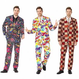 men Hippie Suits Mens Disco Retro Costume 70s Fi Dance Party Prom Blazer Banquet Performance Adults Jacket Pants with Tie A9sB#