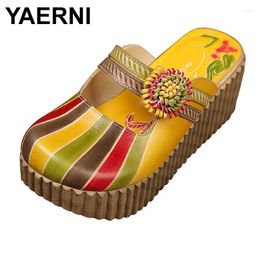 Slippers YAERNI Summer Shoes Women Wedge Slides Cover Handmade Toes Flower Thick Heels Genuine Leather Lady Platform