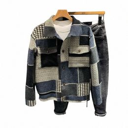 american Casual Patchwork Colour Ctrast Lapel Jacket Trend Cityboy Fiable Collage Denim Coat Workwear Versatile Men's Top 794g#