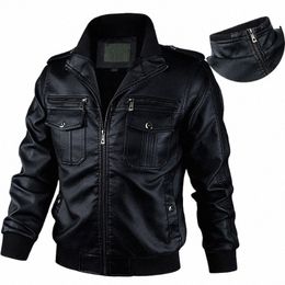 casual Vintage Faux Leather Jacket Men Zip Up Stand Collar Leahter Coat Men Autumn Winter Motorcycle Men's Jacket Multi-Pockets l60G#