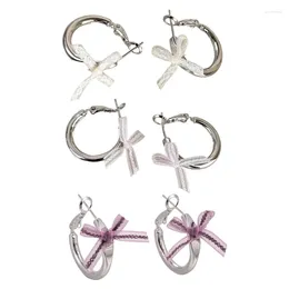 Hoop Earrings Colourful Lace Ribbon Bowknot Unique Ear Studs Hook Adornment Charm