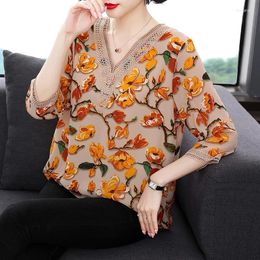 Women's Blouses Temperament Short Sleeved Printed V-neck Summer Thin Versatile Fashion Commuter Loose Mid Length Chiffon T-shirt Top