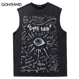 Vintage Tank Tops Streetwear Hip Hop Graffiti Letter Eye Graphic Print Sleeveless T-Shirt Y2K Men Harajuku Punk Washed Shirts 240321