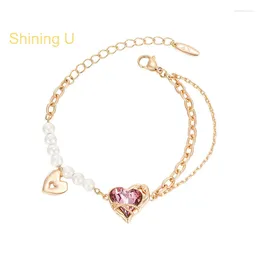 Charm Bracelets Shining U Heart Zircon Gems Simulated Pearl Bracelet For Women Fashion Jewelry Gift