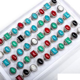 Band Rings 20Pcs/Lot Fashion Retro Bohemian Turquoise Natural Stone Ring For Men Women Trendy Vintage Geometric Jewelry Party Gift Dr Ot6Qa