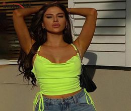 Women039s Tanks Camis Insta Women Sexy Crop Top Summer Chain Frill Drawstring Neon Green Camisole 2021 Casual Club Streetwear4170450