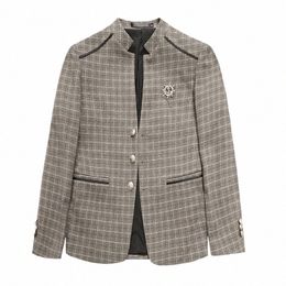 stand Collar Men Plaid Casual Blazers British Style 2023 New Three-Butts Single Breasted Chequered Pattern Suit Jacket r439#