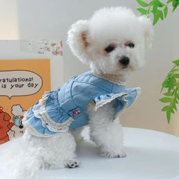 Dog Apparel Lace Cowboy Dress Clothes Small For Dogs Clothing Pet Outfits Cute Summer Yorkies Print Blue Traction Girl Ropa Para Perro